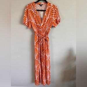 Ador Orange and White short Sleeve Maxi Sundress 100%‎ cotton